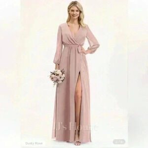 JJ’S House Dusty Rose A-Line V-Neck Floor Length Chiffon Bridesmaid Dress